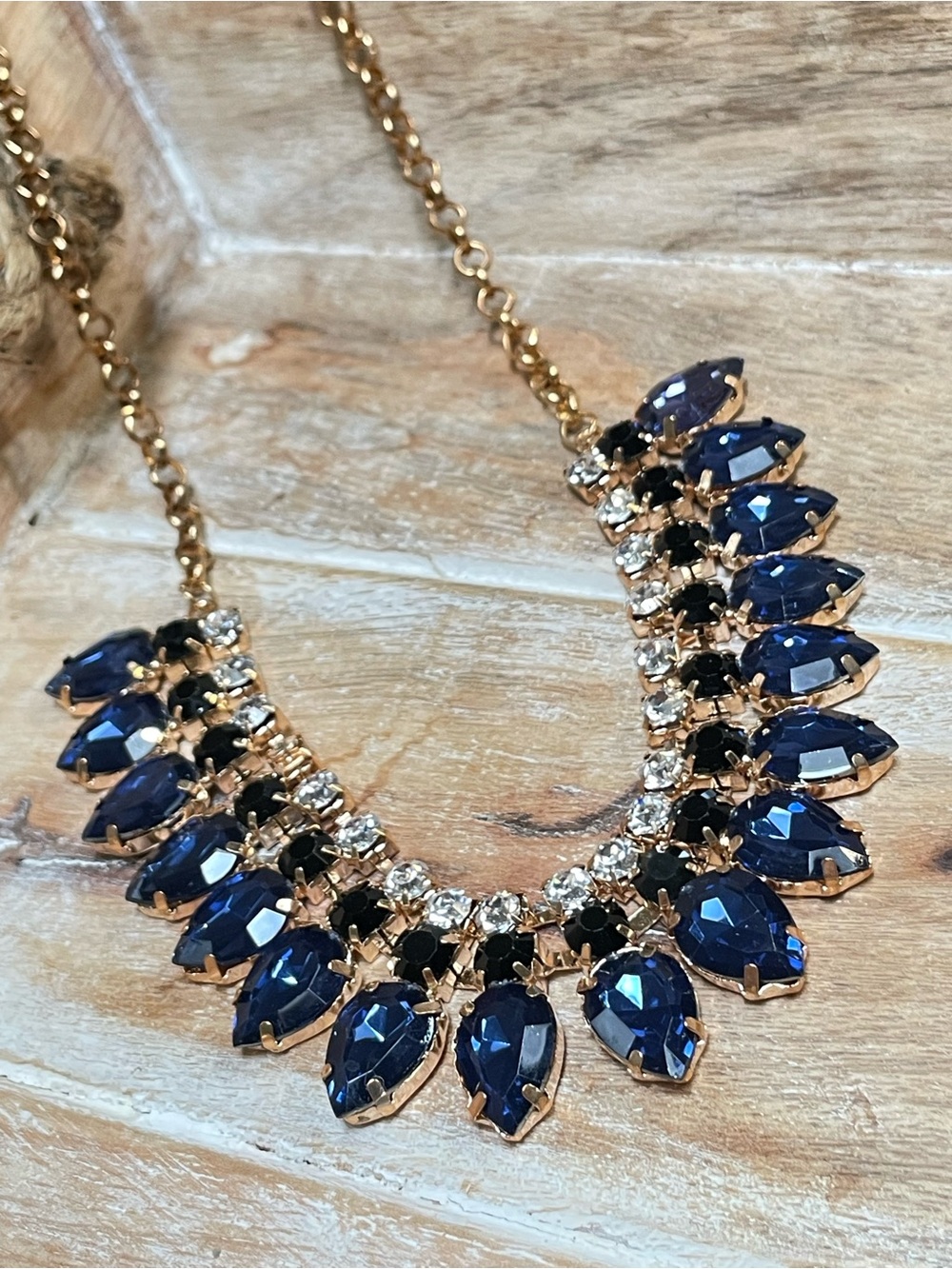 Gold-Tone Necklace with Deep Navy Teardrop Stones - Classic and Elegant!